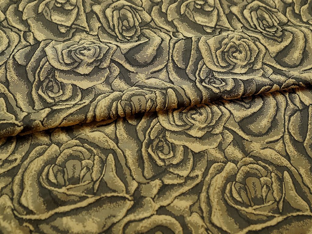 Приобрести Ткань жаккард, цвет: на коричневом фоне объемные розы пастельного оттенка