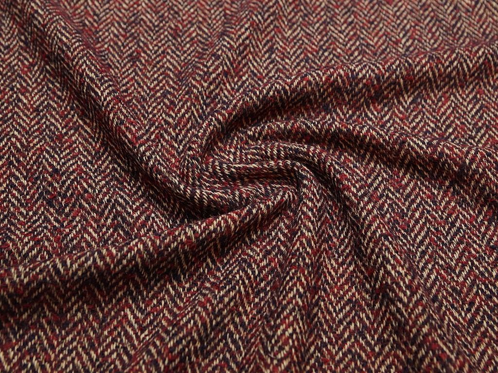 Двухсторонняя пальтовая ткань в елочку, бежево-бордовые тонаизображение