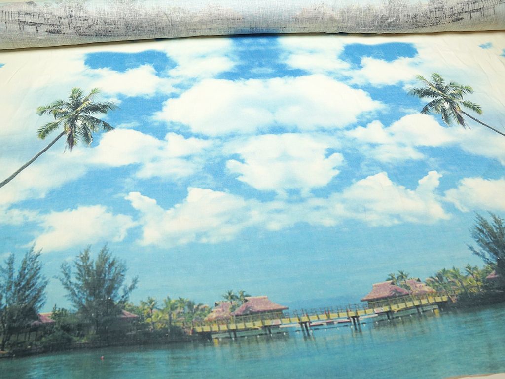 Приобрести Ткань льняная ,цвет: голубые облака, купонный принт Майами