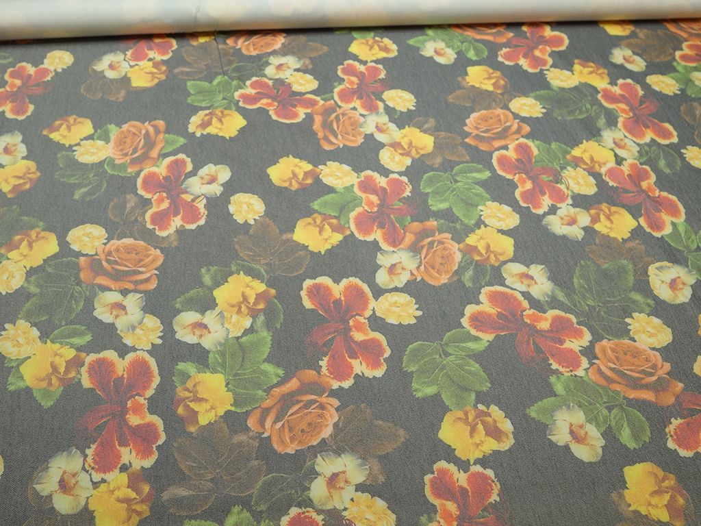 Приобрести Ткань джинсовая, цвет на дымчато-сером фоне коралловые и желтые розы