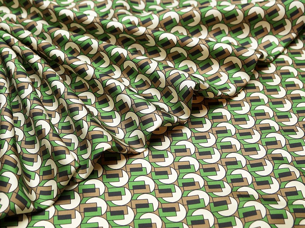 Блузочно-плательный шелк-твил с геометрическим рисунком и бордюром, цвет коричнево-зеленыйизображение