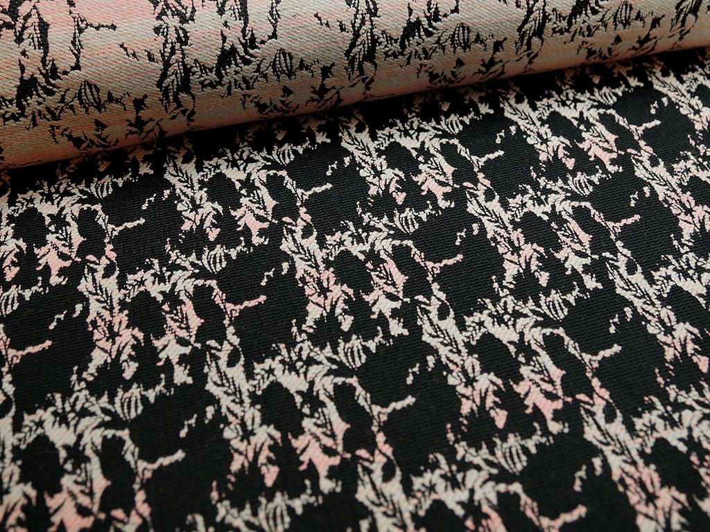 Приобрести Ткань пальтовая, цвет на черном фоне бело-розовые фрагменты