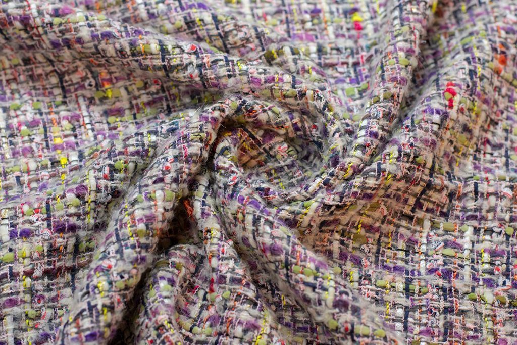 Двухсторонняя твидовая костюмная ткань, цвет лилово-оливковый мультиколоризображение