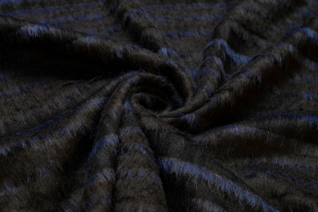 Пальтовая ткань в полоску со средним ворсом, сине-черный цветизображение