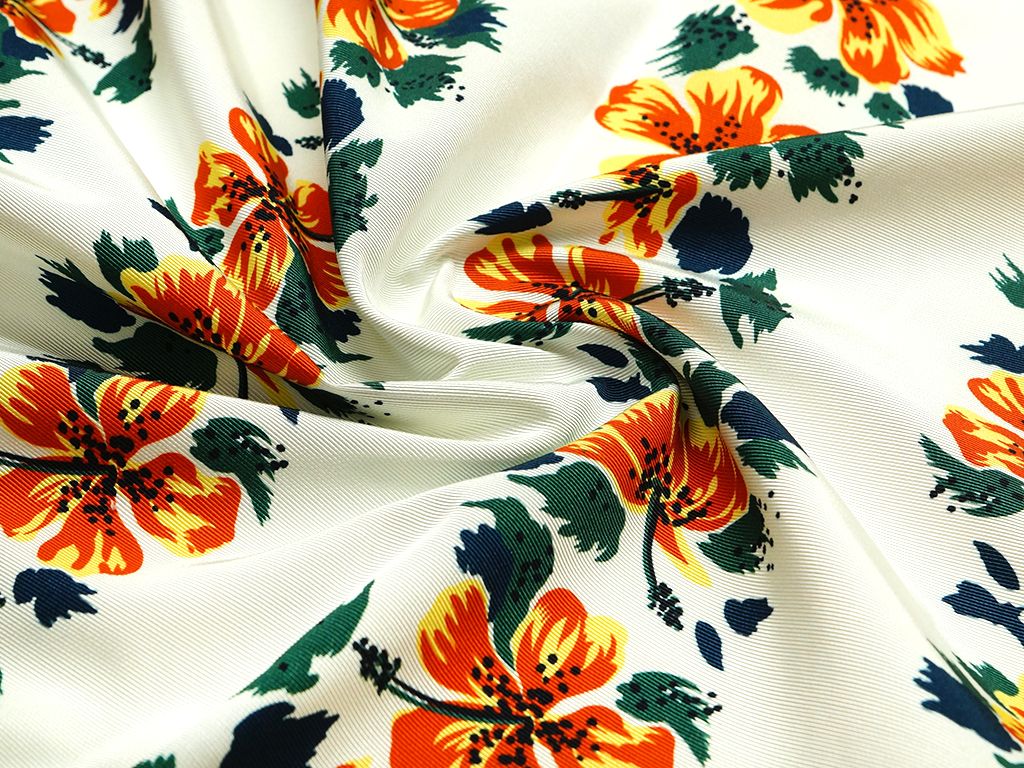 Ткань жаккард плательная плотная, цвет: на белом фоне огненные цветы по вертикалиизображение