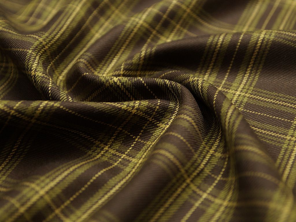 Классическая 2х сторонняя костюмная ткань, клетка тартан в коричнево-оливковых тонах (201 гр/м2)изображение