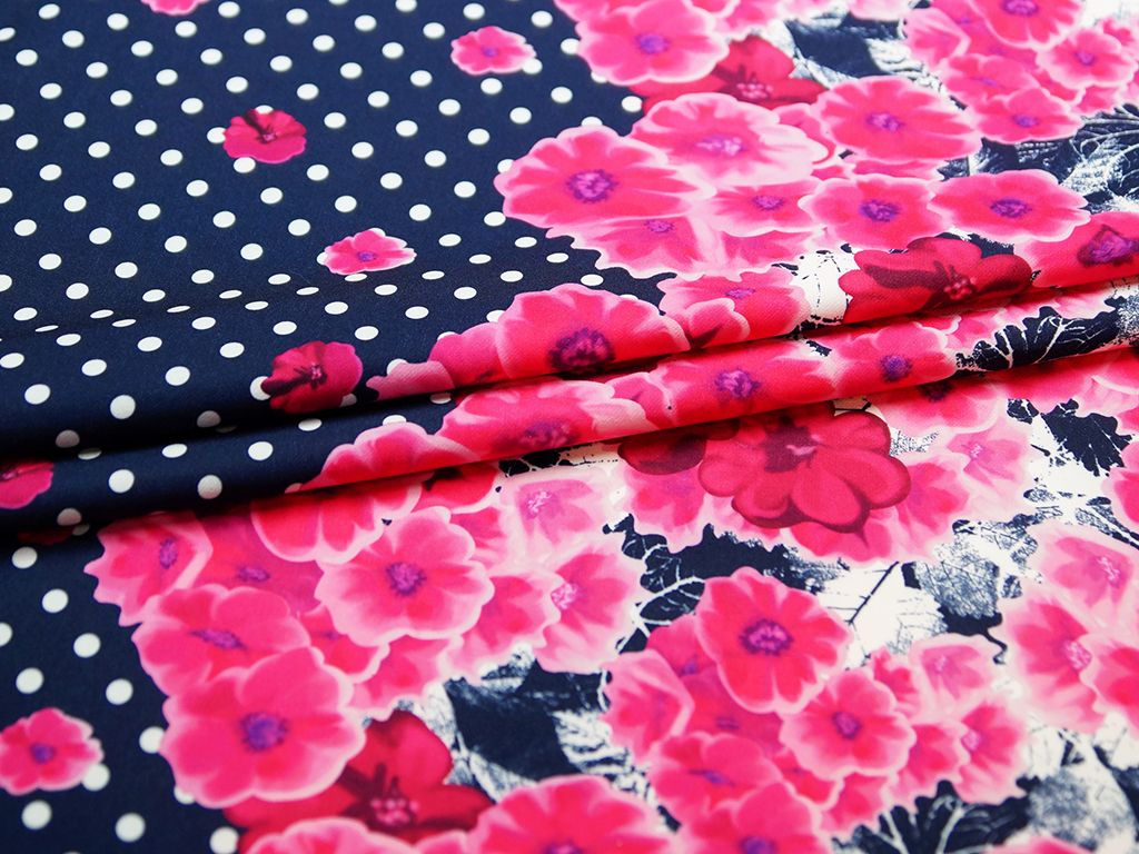 Приобрести Ткань плательная, цвет: на темно синем фоне белый горох с розовыми корсетными цветами в середине