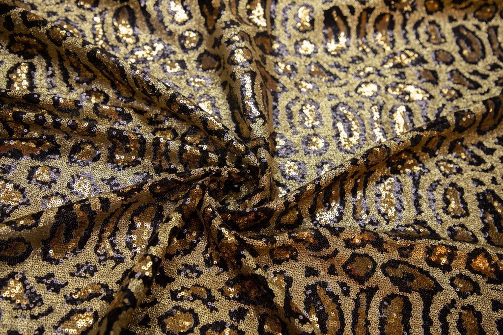 Ткань плательная с пайетками, принт "Леопард", черно-золотой цветизображение