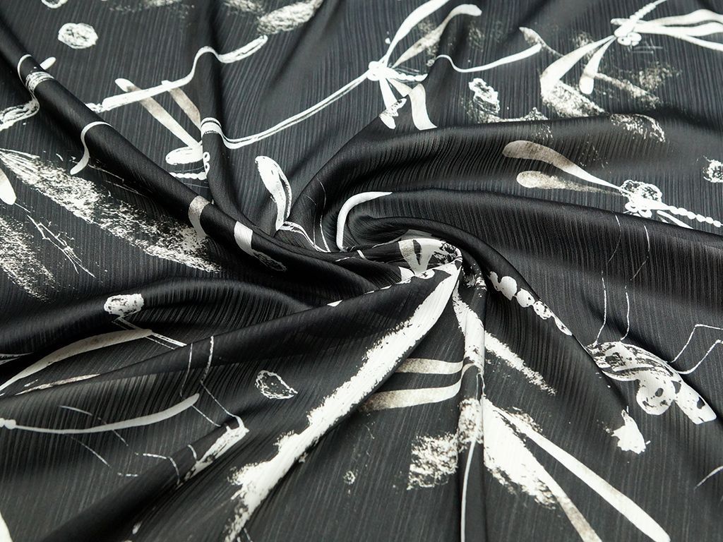 Блузочная ткань с принтом "стрекозы", черно-белый цветизображение