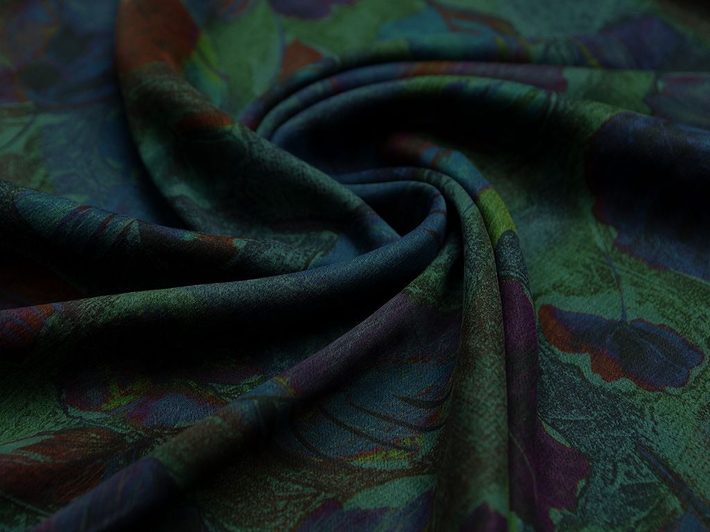 Приобрести Великолепная плательная ткань с растительным принтом на темно-зеленом фоне (177 г/м2)