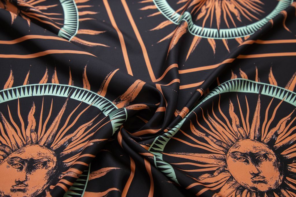 Блузочно шелк со стилизованным рисунком "Солнце", цвет персиково-бирюзовый, квадрат 46*46 смизображение