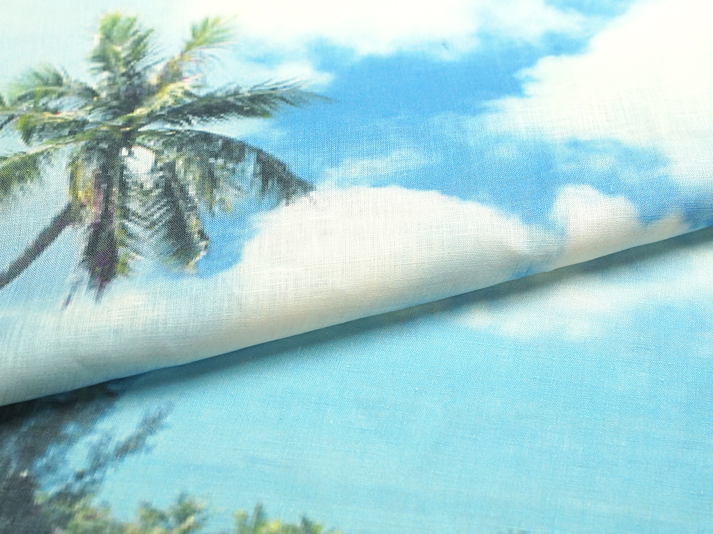 Приобрести Ткань льняная ,цвет: голубые облака, купонный принт Майами