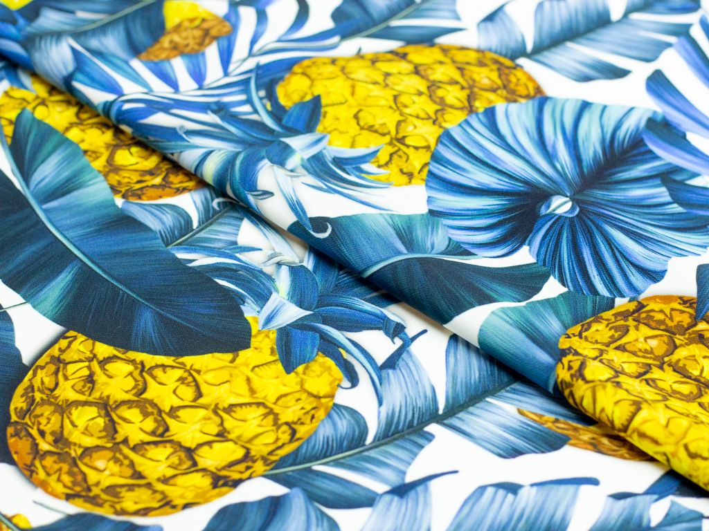 Приобрести Ткань плательная "Кади", принт ананасы на желтом фоне