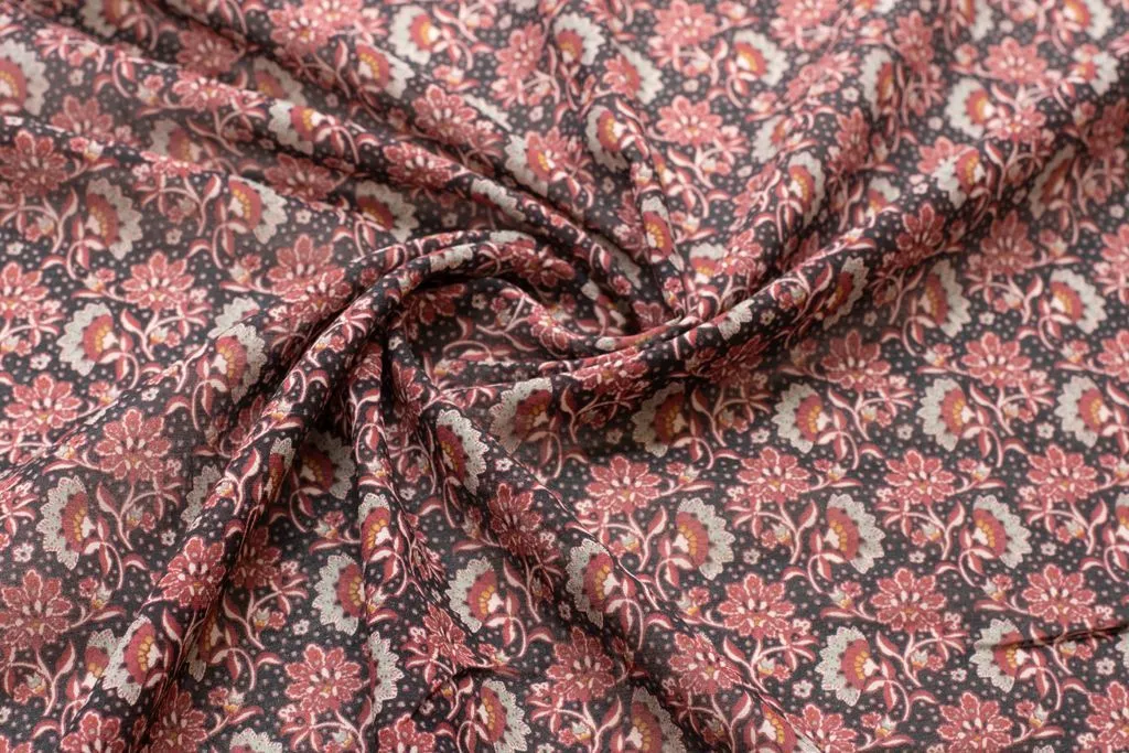 Шифон блузочно-плательный с рисунком "Сказочные цветы", в коричневых тонахизображение