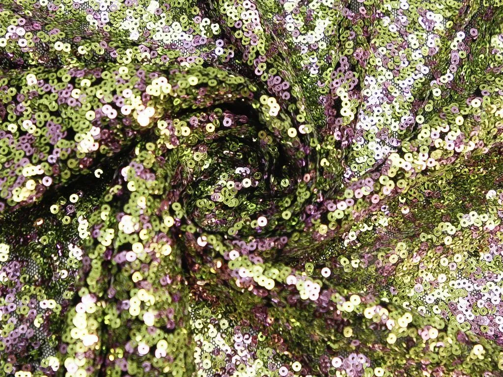 Ткань плательная с мелкими переливающимися пайетками на сетке, цвет сиреневый с золотистымизображение